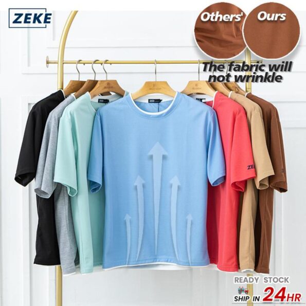 ZEKE Lelaki Lengan Pendek tshirt Men Waffle Short Lengan T-Shirt Casual Shirt