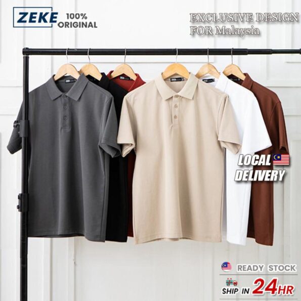 ZEKE Lelaki Klasik Lengan Pendek Baju Solid Colour Short Sleeve Polo Shirt 210GM/㎡