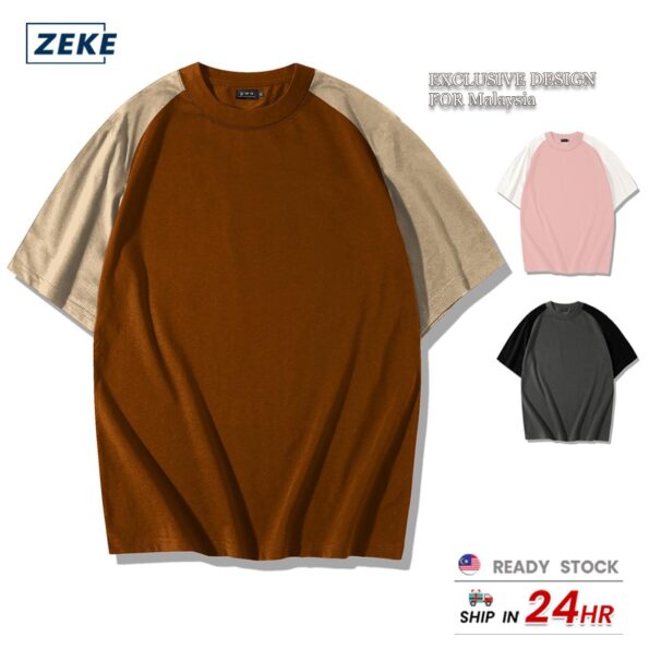 ZEKE Lelaki Lengan Pendek Baju Drop Shoulder T shirt Men Oversized Combed Cotton Half-Sleeve Plain shirt Unsex Two Tone Crew Neck TShirt