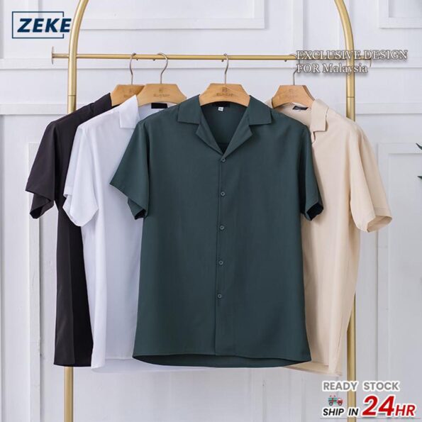 ZEKE Lelaki Kemeja Casual Plain Short Sleeve Men Shirt Korean Style Fashion Polo Shirt Unsex Lapel Shirt Men