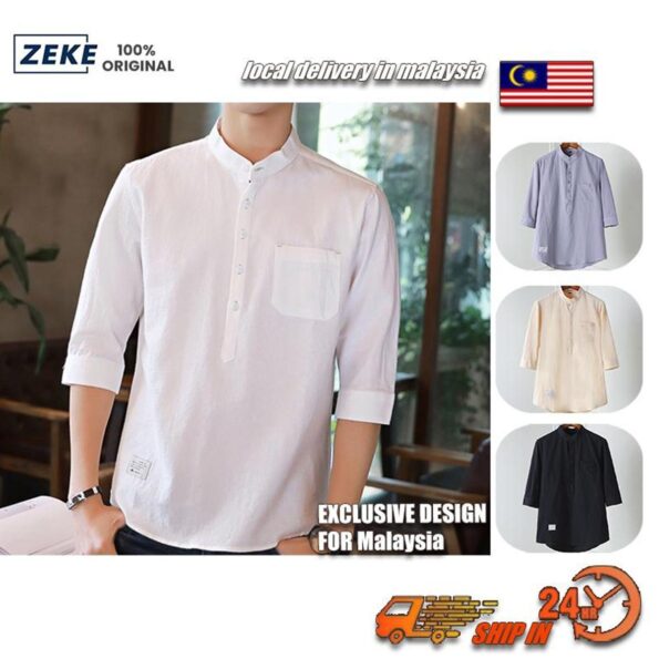ZEKE Kemeja Lelaki Muslim Shirt Button Smart Casual Plus Size Cotton Linen Stand Collar 4/3 Sleeve Loose Formal Shirt Unisex S-3XL Clothing Kurta