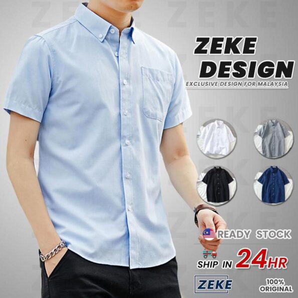 ZEKE Kemeja Lelaki Oxford Cotton Short Sleeve Plain Color Men Shirt Loose Casual Breathable Versatile Cotton Shirt