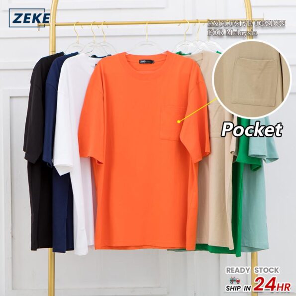 ZEKE Lelaki Lengan Pendek Baju Pocket T-shirt Men Premium Quality 100% Cotton Crew Neck Plus Size T-shirt