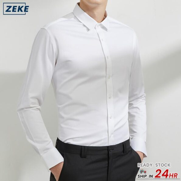 ZEKE Lelaki Putih Kemeja Polo Shirt Men Overruns Plain Long Sleeve White Polo Shirt M-3XL Unisex
