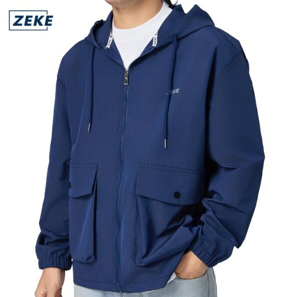 ZEKE Men's Cargo Hooded Jacket Double Pocket Plain Tops Reflective Windbreaker Menswear Casual Coats