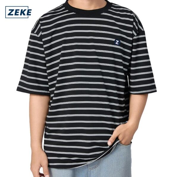 ZEKE Lelaki Lengan Pendek Berjalur Baju Men's T-shirt Black and White Striped  Embroidered Logo Short Sleeved tshirt