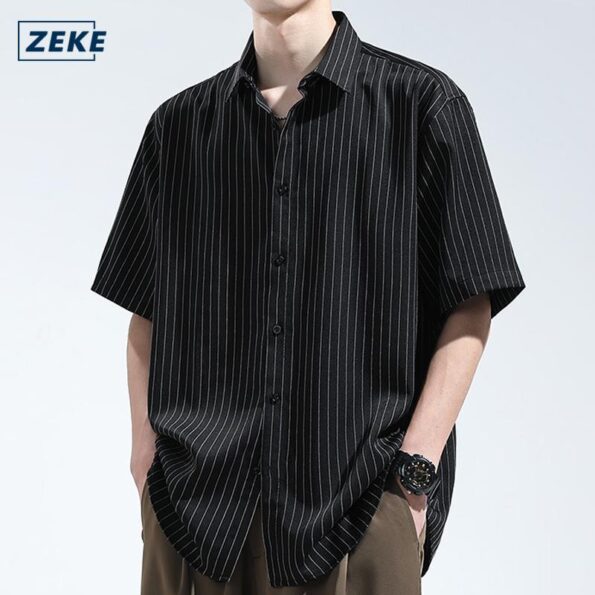 ZEKE Men's Thin Strips Shirt Short Sleeved Collared Neck Tops Menswear Casual Polo Shirt Baju Jalan Lelaki Lengan Pendek Berjalur Kemeja