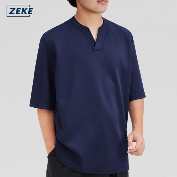 ZEKE Baju Lelaki V-neck Kurta Half Sleeved T-Shirt Loose Solid Color Tshirt Kemeja T Lelaki