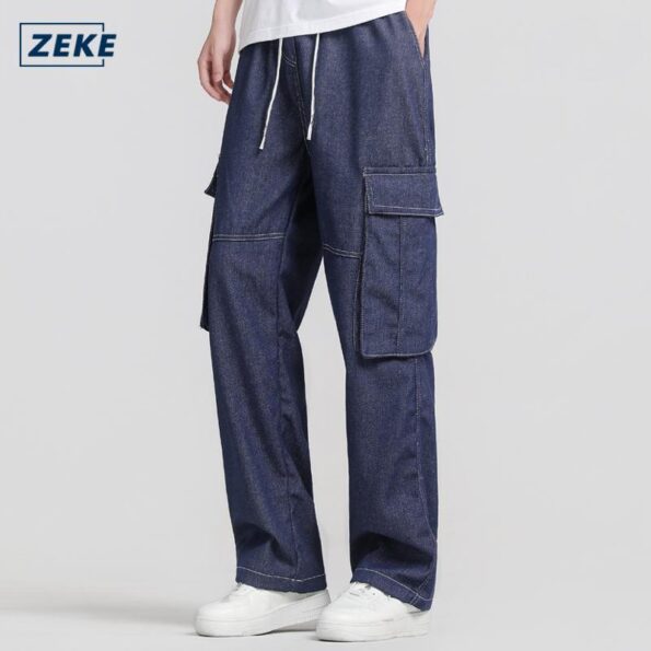 ZEKE Cargo Jeans Seluar Panjang Lelaki Men's Loose Casual Denim Fashion Vintage Casual Wide Leg Jeans Denim Pocket Cargo Pants