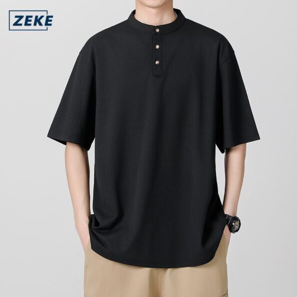 ZEKE Kemeja Kurta Lengan Pendek Tshirt Kolar Baju Men's Half Sleeve Loose Stand Collar Button Tops