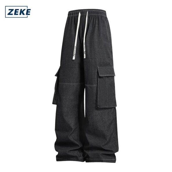ZEKE Cargo Jeans Seluar Panjang Lelaki Men's Loose Casual Denim Fashion Vintage Casual Wide Leg Jeans Denim Pocket Cargo Pants - Image 10