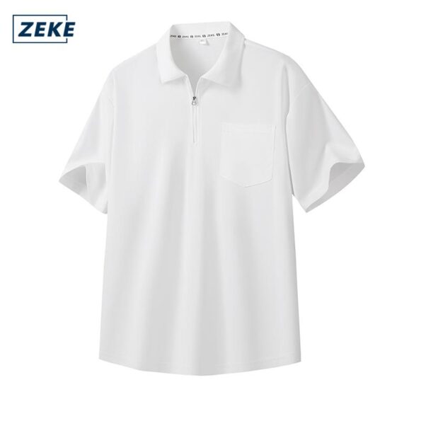 ZEKE Lelaki Klasik Lengan Pendek Baju Solid Colour Short Sleeve Zipper Pocket Polo Shirt - Image 10