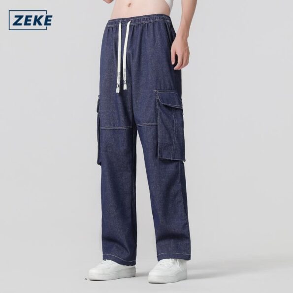 ZEKE Cargo Jeans Seluar Panjang Lelaki Men's Loose Casual Denim Fashion Vintage Casual Wide Leg Jeans Denim Pocket Cargo Pants - Image 3