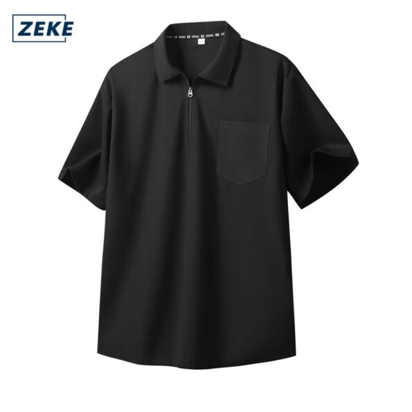ZEKE Lelaki Klasik Lengan Pendek Baju Solid Colour Short Sleeve Zipper Pocket Polo Shirt - Image 7