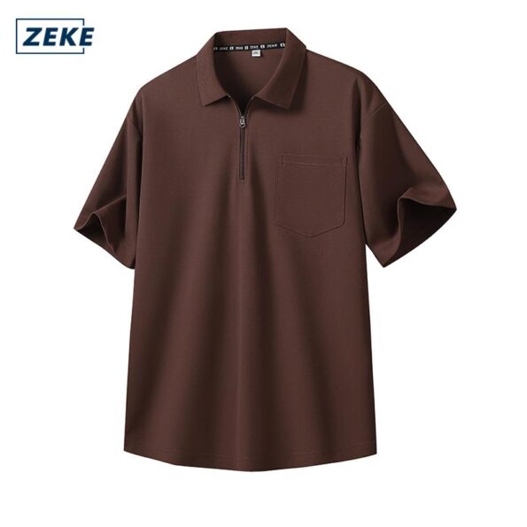 ZEKE Lelaki Klasik Lengan Pendek Baju Solid Colour Short Sleeve Zipper Pocket Polo Shirt - Image 8