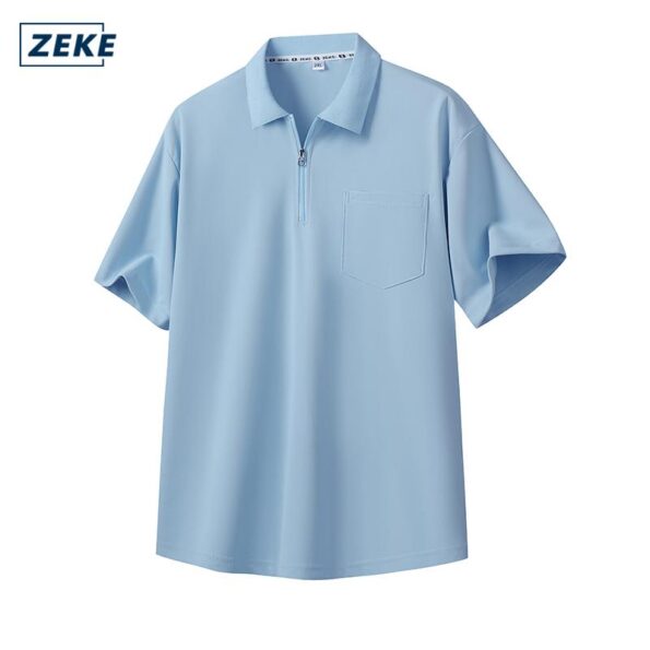 ZEKE Lelaki Klasik Lengan Pendek Baju Solid Colour Short Sleeve Zipper Pocket Polo Shirt - Image 9