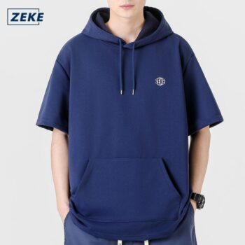 ZEKE C0071 Pullover Short Sleeved Hoodies Sweatshirts Men's Embroidered Logo Tops Menswear Casual Hooded Coats UNISEX