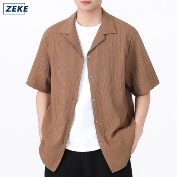 ZEKE A0055 Cuban Collar Short-sleeved Shirt For Men Light Luxury Loose Casual Half-sleeved Shirt Trend Menswear