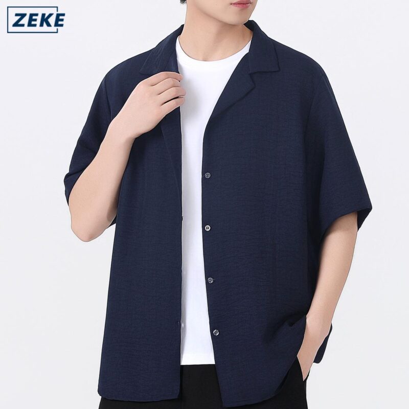 ZEKE A0012 Linen Texture Polo Shirt For Men Cuban Collar Short-sleeved Linen-like Shirt