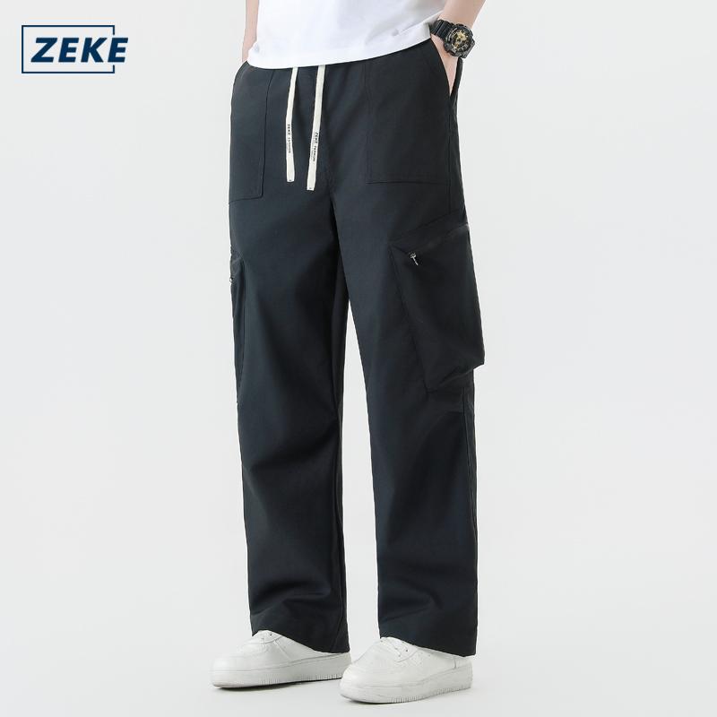 ZEKE B0079 3D Zipper Pocket Cargo Pants Lelaki Men Loose Straight-Leg Pants Long Pant Plain Trouser