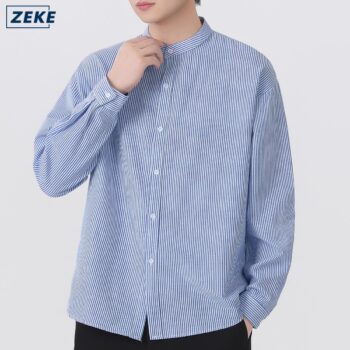 ZEKE A0011 Baju Lelaki Kemeja Strips Lengan Panjang Blaus Men Long Sleeved Stand Collar Shirt
