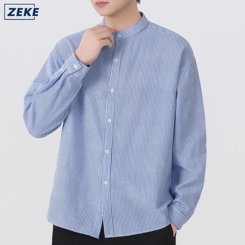 ZEKE A0011 Baju Lelaki Kemeja Strips Lengan Panjang Blaus Men Long Sleeved Stand Collar Shirt