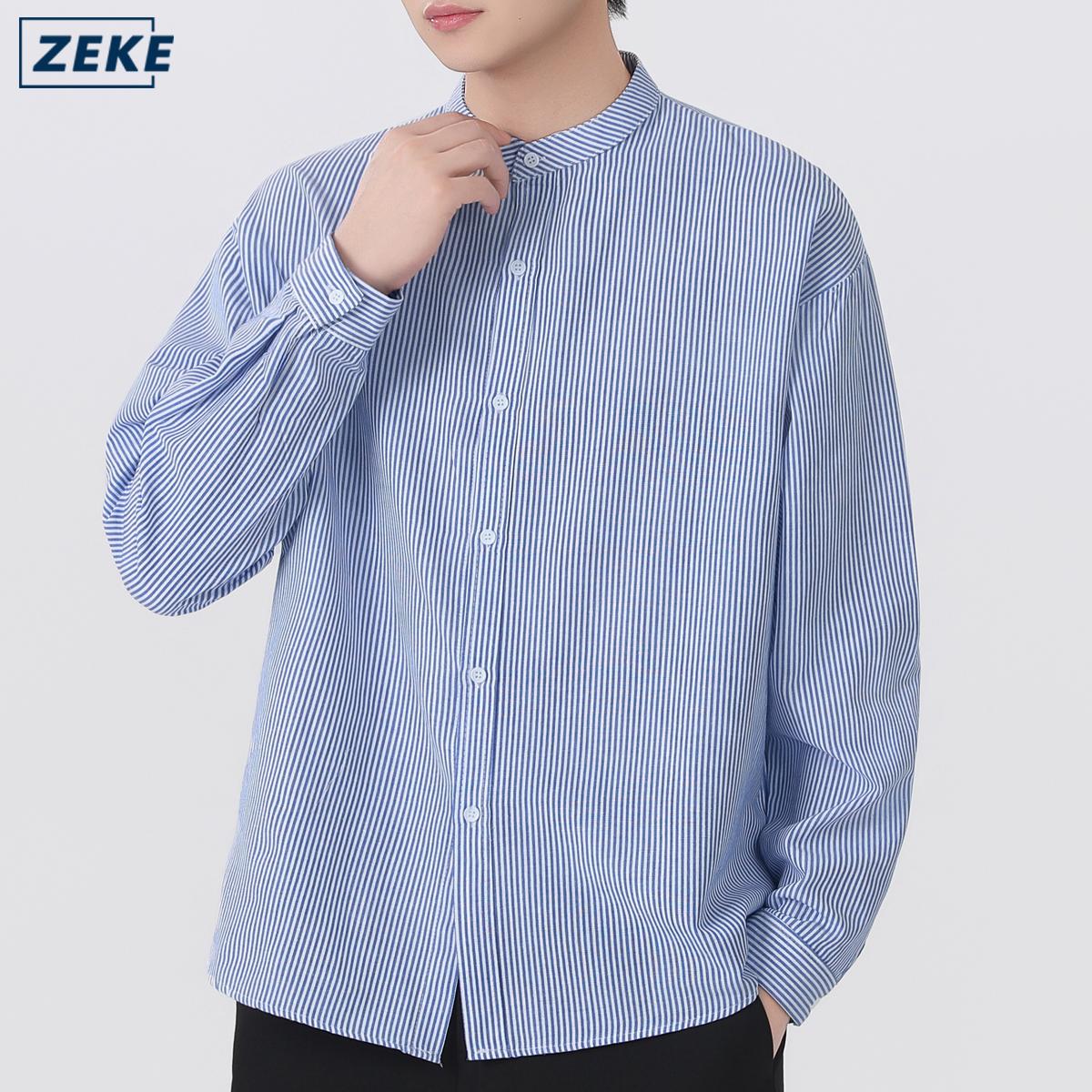 ZEKE A0011 Baju Lelaki Kemeja Strips Lengan Panjang Blaus Men Long Sleeved Stand Collar Shirt