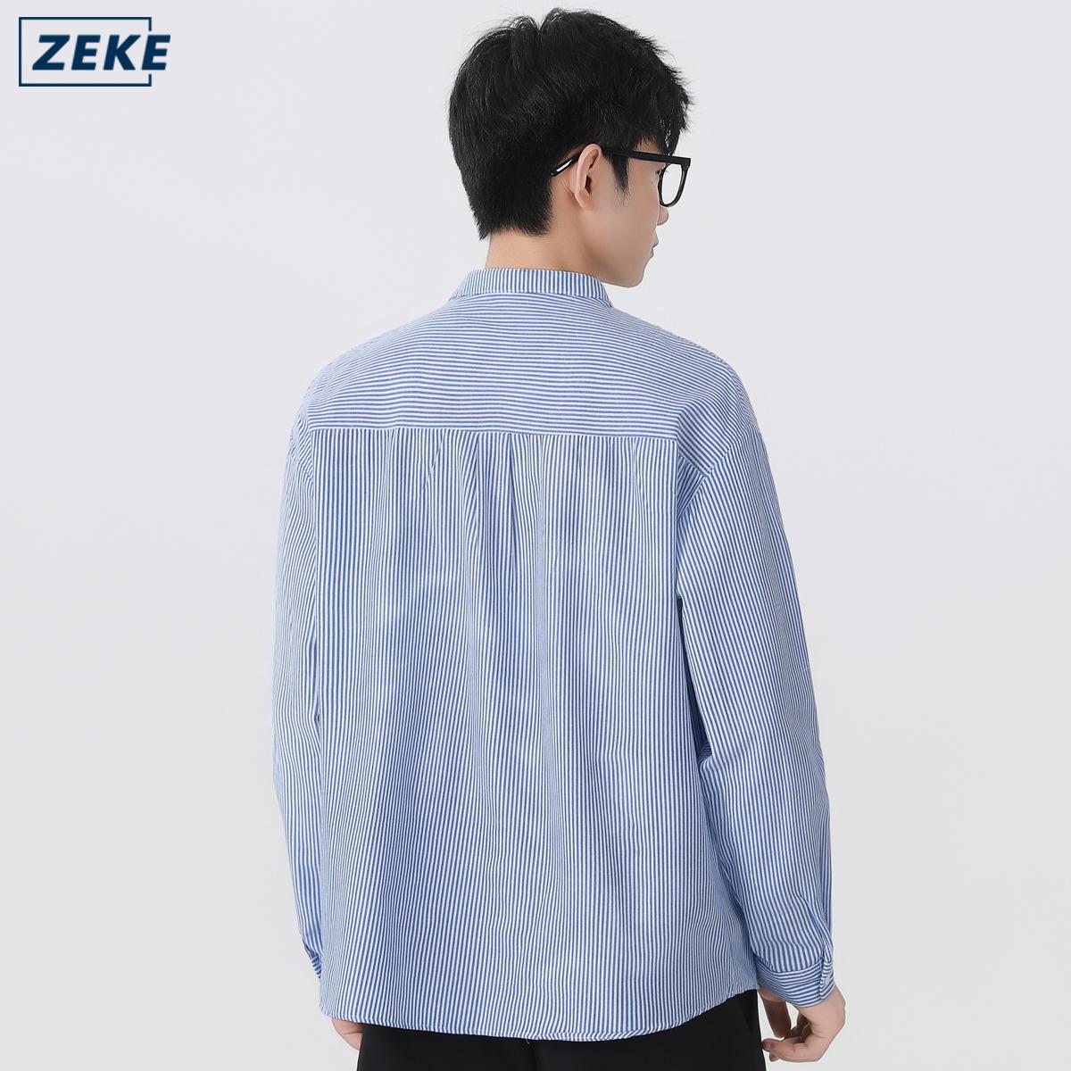 ZEKE A0011 Baju Lelaki Kemeja Strips Lengan Panjang Blaus Men Long Sleeved Stand Collar Shirt - Image 3