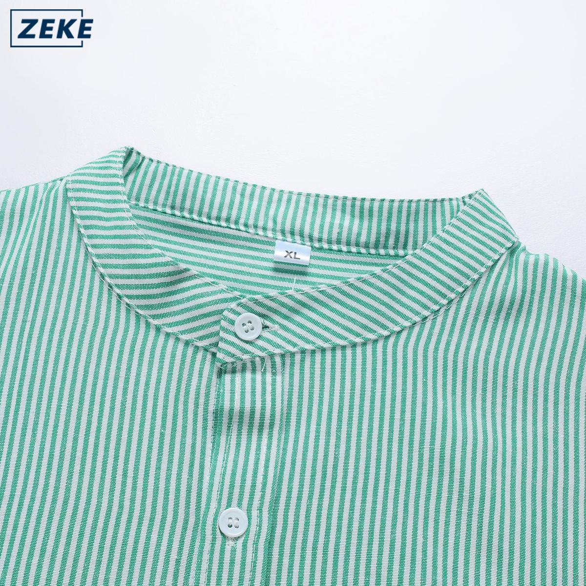 ZEKE A0011 Baju Lelaki Kemeja Strips Lengan Panjang Blaus Men Long Sleeved Stand Collar Shirt - Image 4